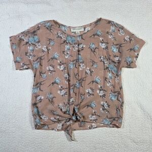 Urbanology Floral Tie-Front Short Sleeve Blouse - Pink and Blue